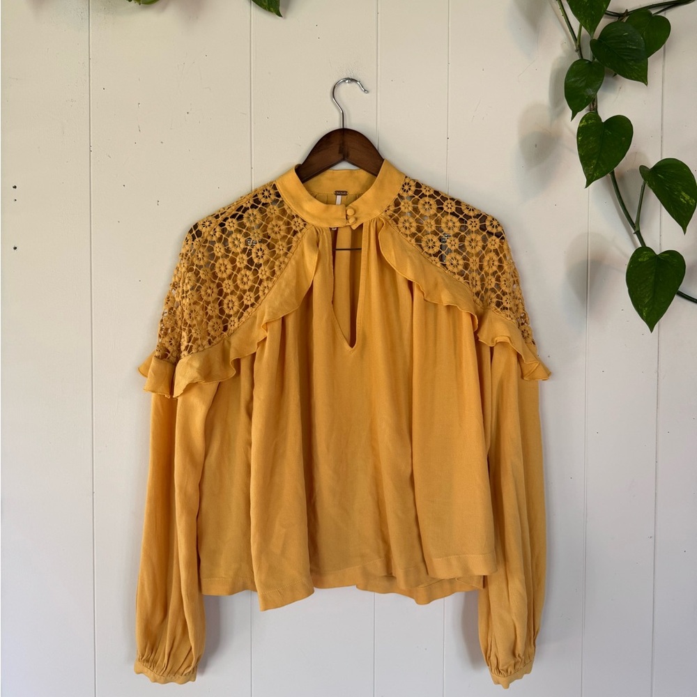 Free People Gold Ruffled Blouse with Mandarin Collar